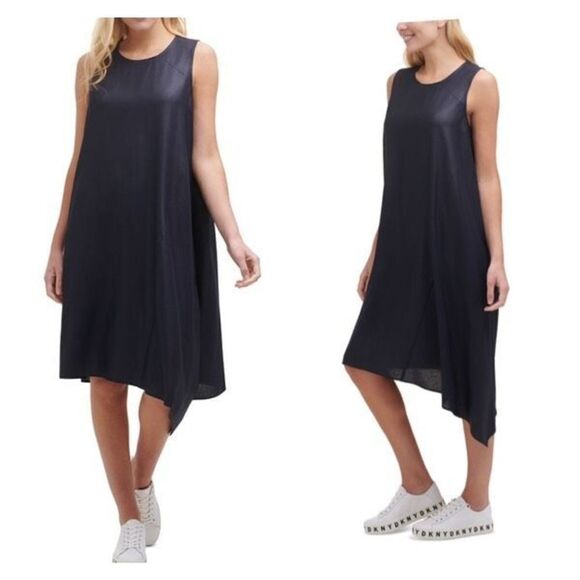 NWT DKNY Women Sleeveless Crew Neck Handkerchief Hem Shift MIDI Dress Blue Small - Picture 1 of 11